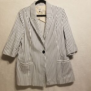 Cabi 14 Blazer Jacket White Black Striped Long Line Classic Coastal Cruise